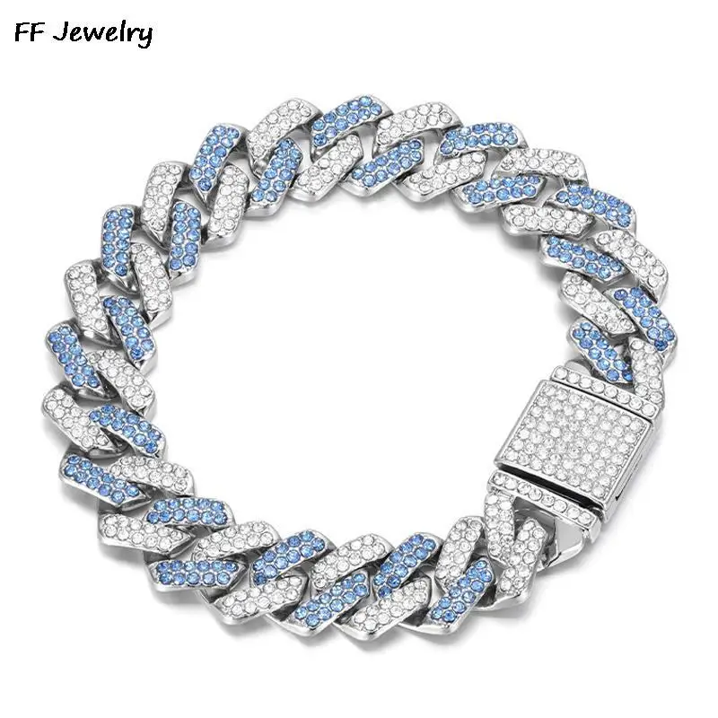 14mm Hip Hop Shiny Cuban Link Chain Bracelet Women Men Gold Color Rhinestone Iced Out Chain Bracelets Punk Wristband men Jewelry