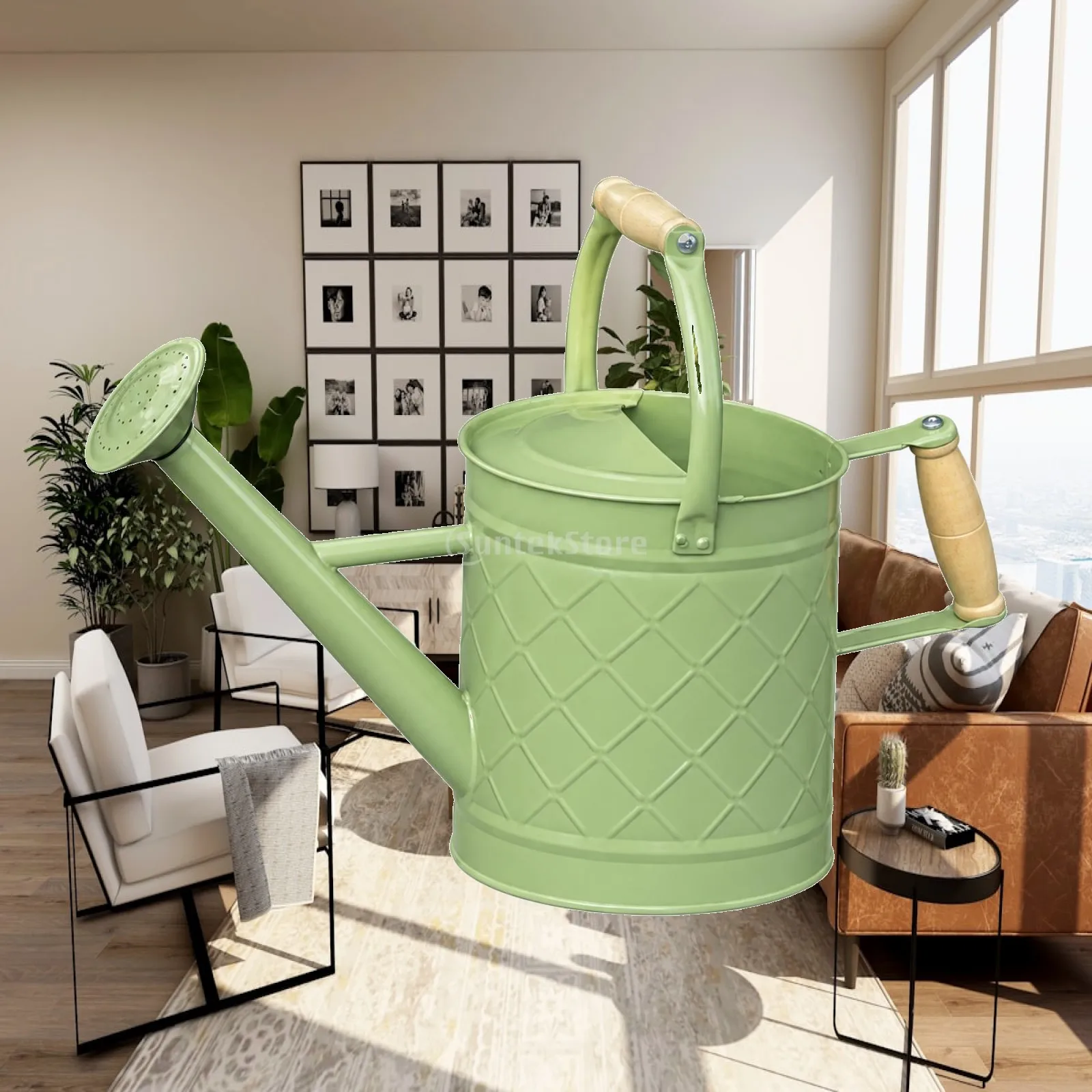 Garden Watering Can 3.5 Liter Stainless Steel with Wood Look Grip Handle for Patio Flowers and Seedlings