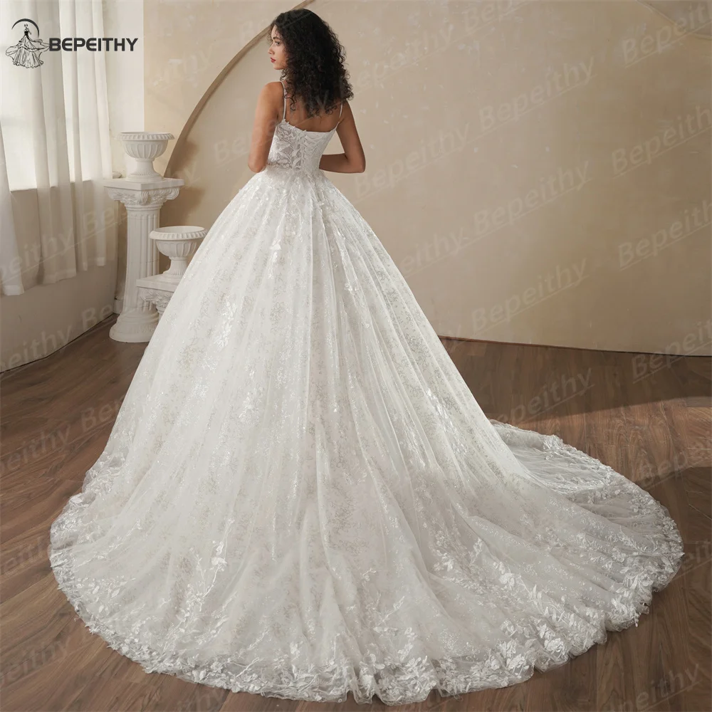 BEPEITHY Customized Glitter Princess Ivory Wedding Dresses For Women Sleeveless Shinny Lace V Neck Bride Ball Bridal Gown 2025