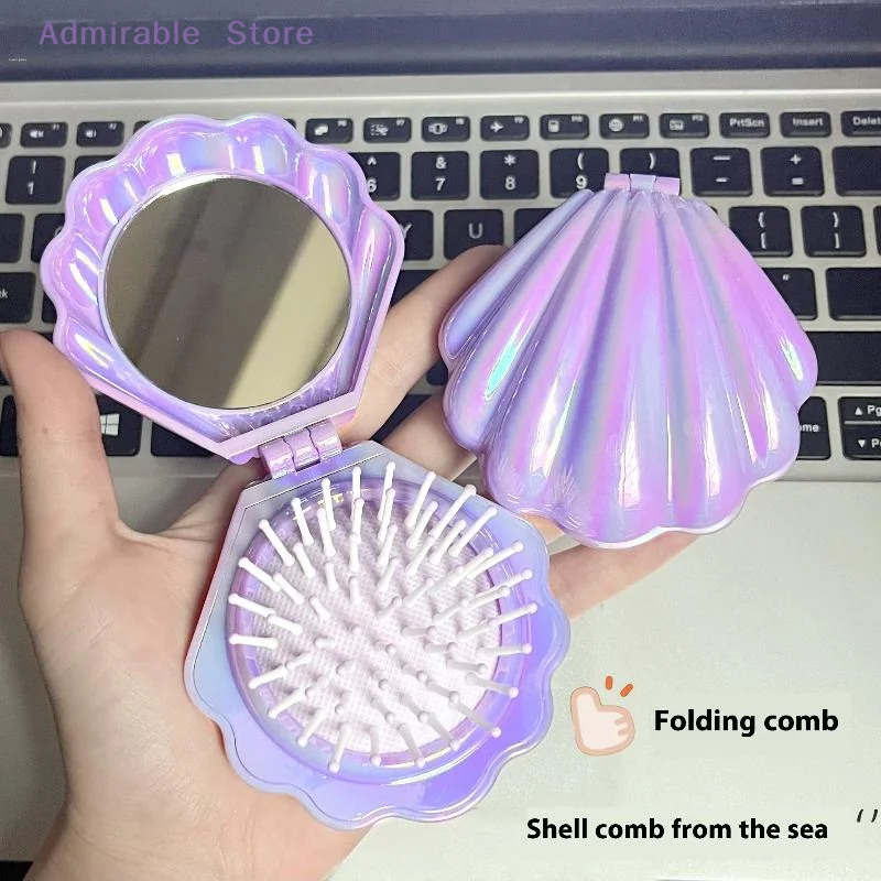 wShells Folding Comb Airbag Hair Brush With Mirror Anti-static Comb Multifunctional Practical Plastic Hair Brushes & Combs