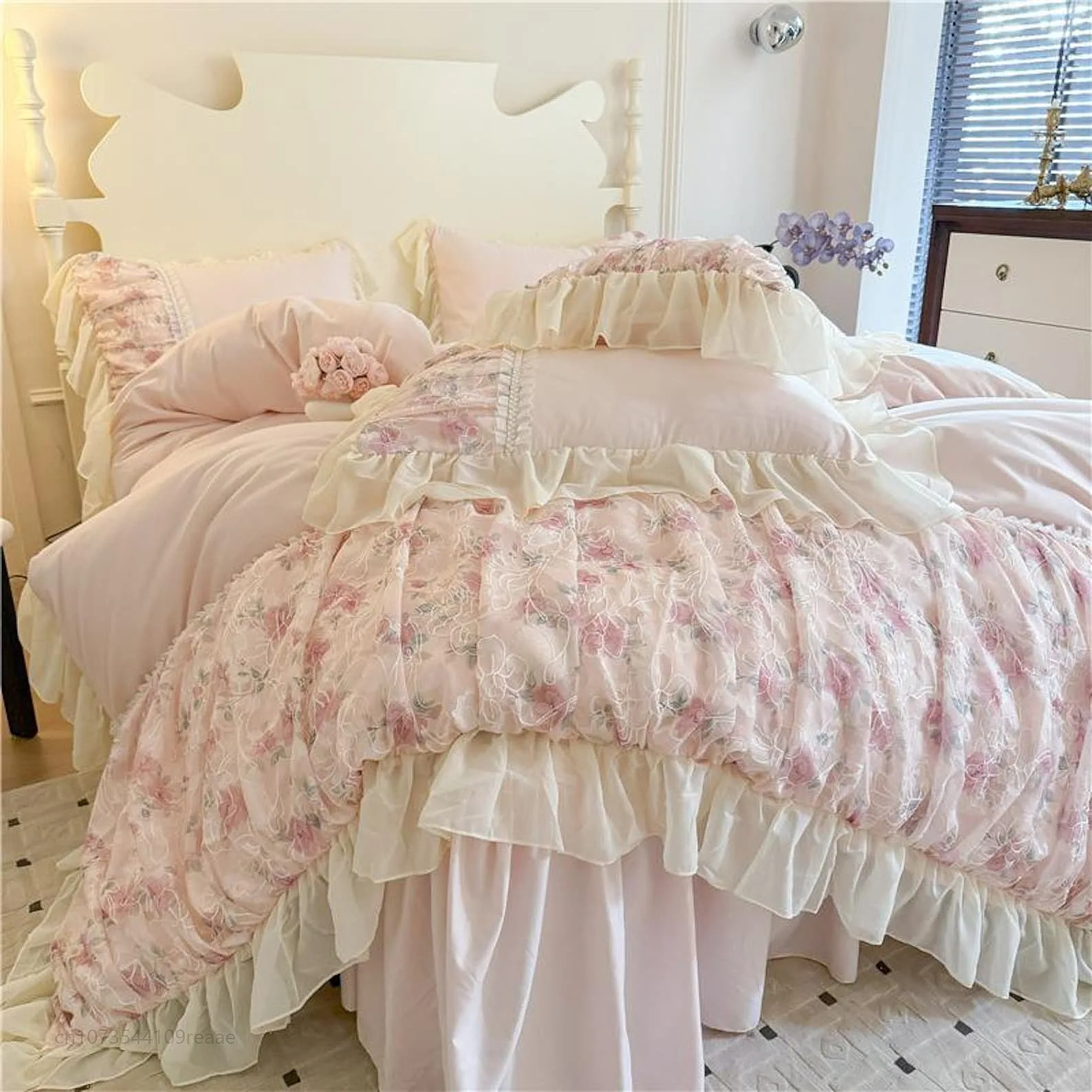 Pink French Princess Bedding Set Washed Cotton Lace Embroidery Queen