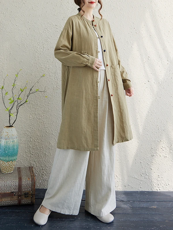 لون فني نقي من القطن والكتان متوسط الطول irt مقاس كبير للنساء بياقة واقفة طويلة Sve Zen Sle مفتوحة... #2