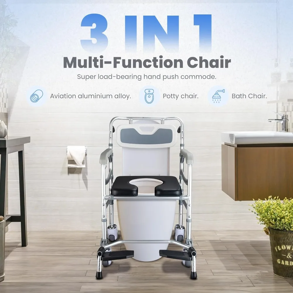 Shower Chair with Wheels 3 in 1 Commode Commode Chair for Toilet with Arms & Tray  Commode Toilet  Shower Seats