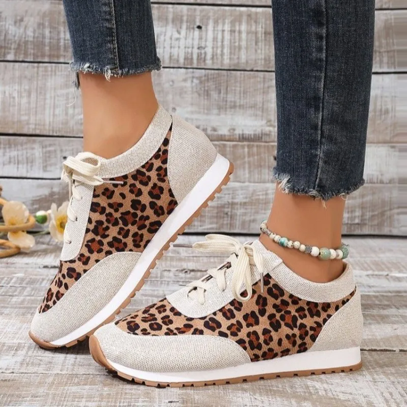 Zapatos vulcanizados con cordones para mujer, calzado informal con estampado de leopardo, colores mezclados, cómodos para caminar, gran oferta, Otoño, 2024