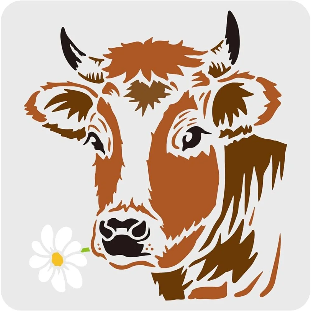 Cow Flower Stencil 11.8x11.8inch Reusable Cow Head Stencil with Flower Country Farm Cow Stencil for Painting Cow Stencils