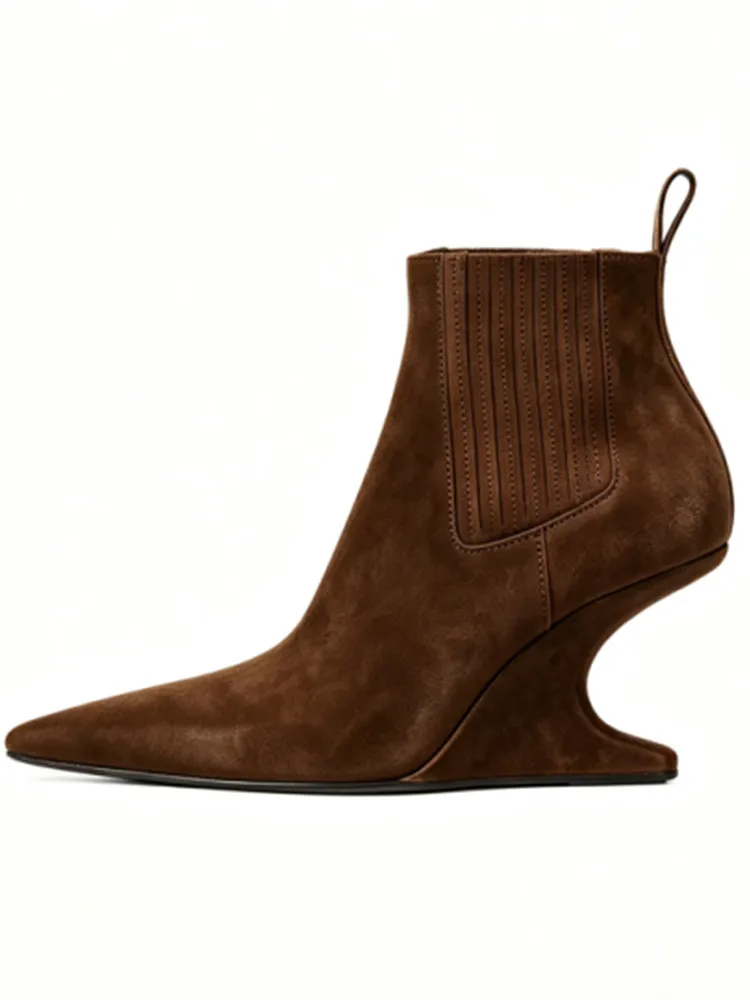 2026Autumn and winter pointed shaped high heels women's short boots fashionable black wedge heel women's ankle boots