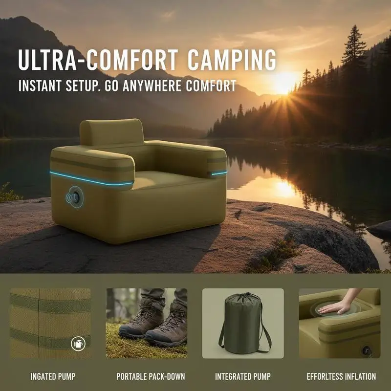 Tragbarer Aufblasbarer Campingstuhl Grün mit Eingebauter Elektrischer/Manueller Pumpe, Dicke PVC-Plane, Rückenlehne, Armlehnen, Flach Faltbar für Reisen und Garten