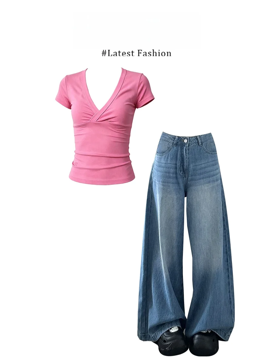 

Summer New Style Parkyeon Spicy Girl V-neck Short Top Versatile Jeans Elegant Two-piece Set Casual Loose Fit Moisture-wicking