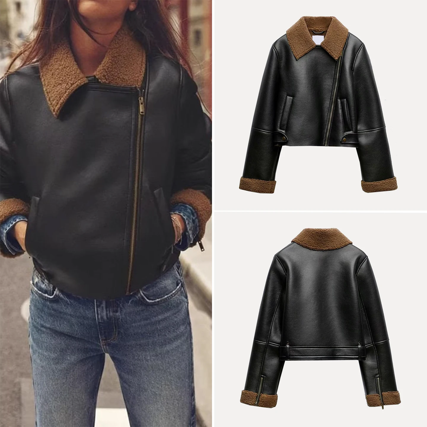 

Z Women's Biker Sle Fur Leather Jaet Loose Fit Turn-down Collar ort Coat Thiened Long Sve Zipper Closure