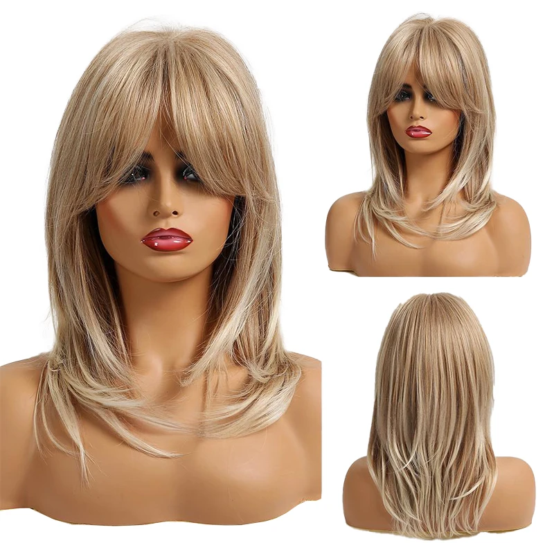 

The New 18-Inch Blonde Gradient Gray-Brown Synthetic Wig With Bangs Is Suitable For Women'S Daily Parties And Halloween