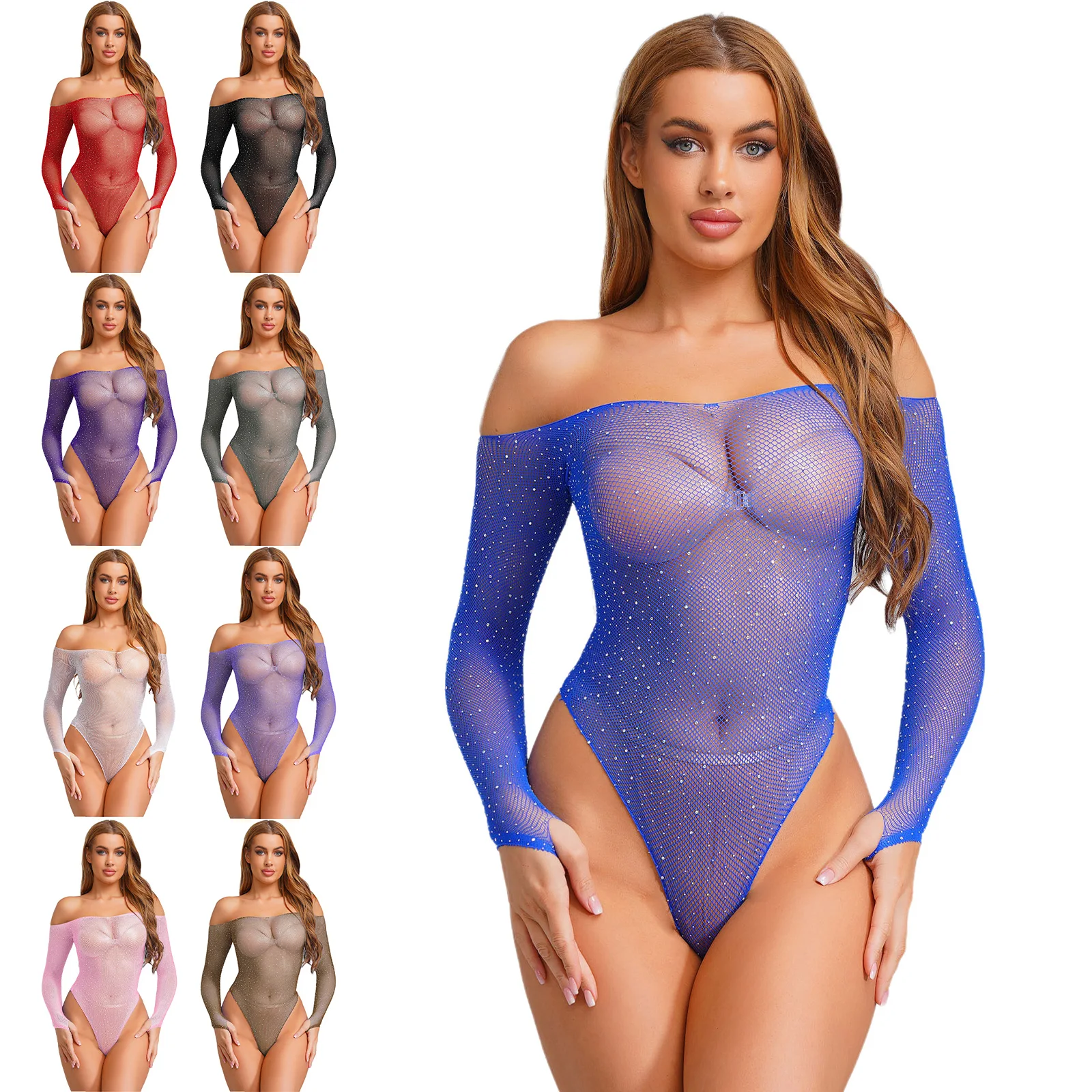 Dames glanzende strass visnet bodysuit lingerie doorzichtige off-shoulder lange mouw rekbaar turnpakje badmode club nachtkleding