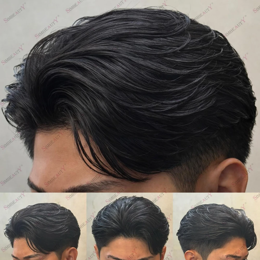 

Мужской парик из натуральных индийских волос Jet Black Remy, протез для замещения волос, с фестончатой линией роста волос, для мужчин с выпадением волос, на основе из кожи, самый дешевый