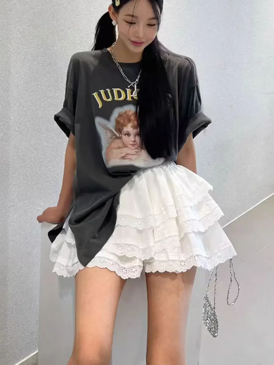 الكورية الحلو تنورة صغيرة الأبيض الدانتيل كشكش كعكة التنانير عالية الخصر ألف خط نفخة تنورة قصيرة المرأة لطيف Kawaii ملابس الصيف 2025