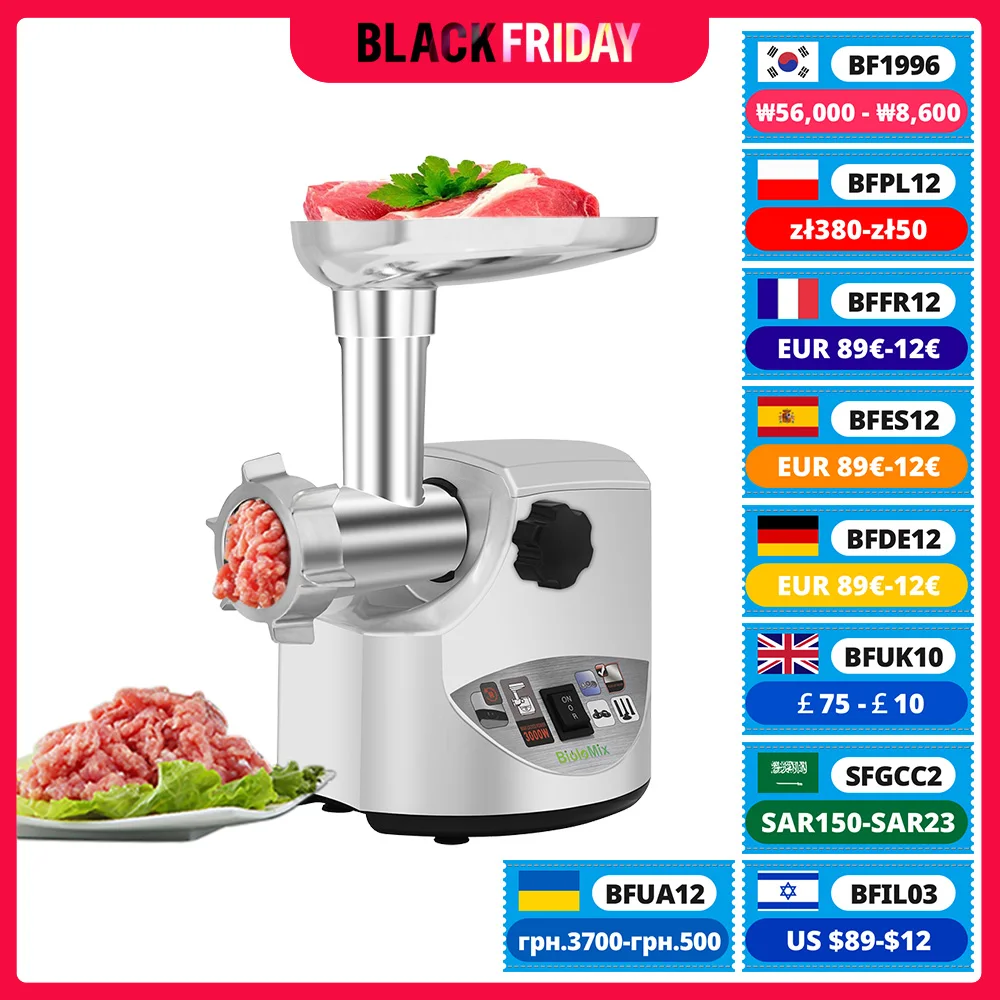 BioloMix Heavy Duty 3000W Max Powerful Electric Meat Grinder Home Sausage Stuffer Meat Mincer Food Processor