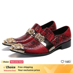 Luxurious New Crocodile pattern Genuine Leather Men Shoes Gold Pointed Toe Slip-on Red Party Dress Wedding Shoes Oxfords