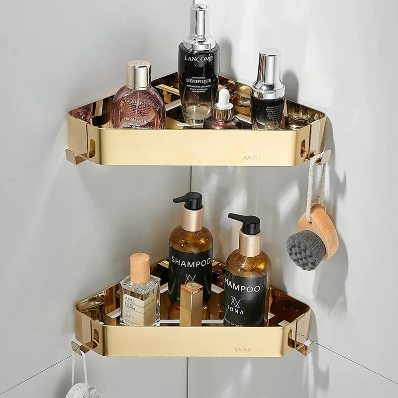 

Gold 304 Stainless Steel Bathroom Tripod Wall Hanging Corner Storage Rack Toilet Corner Storage Corner Basket