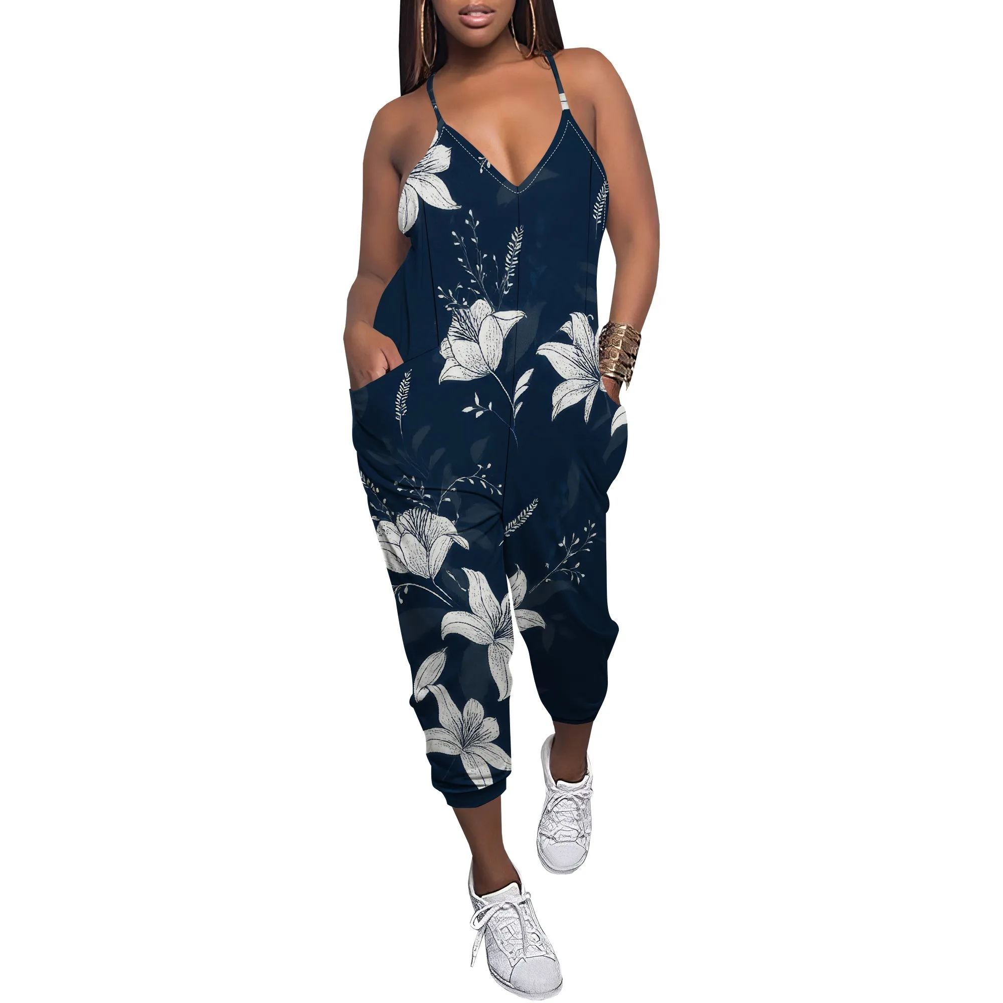 Summer New Multi Colored Printed Loose Elastic Women's Deep V Neck Sleeveless Slim Shoulder Strap Leg Strap Pocket Jumpsuit