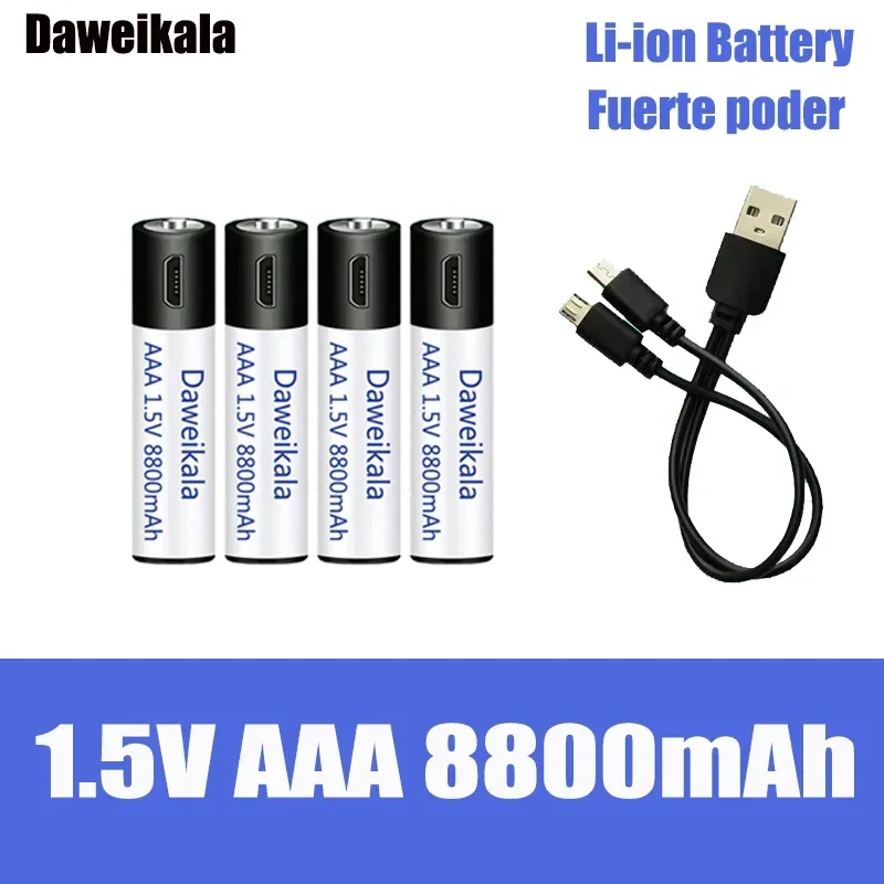 High Capacity 1.5V AAA 8800 MWh USB Rechargeable Li-ion Battery for Remote Control Mouse Small Fan Electric Toy Battery + Cable