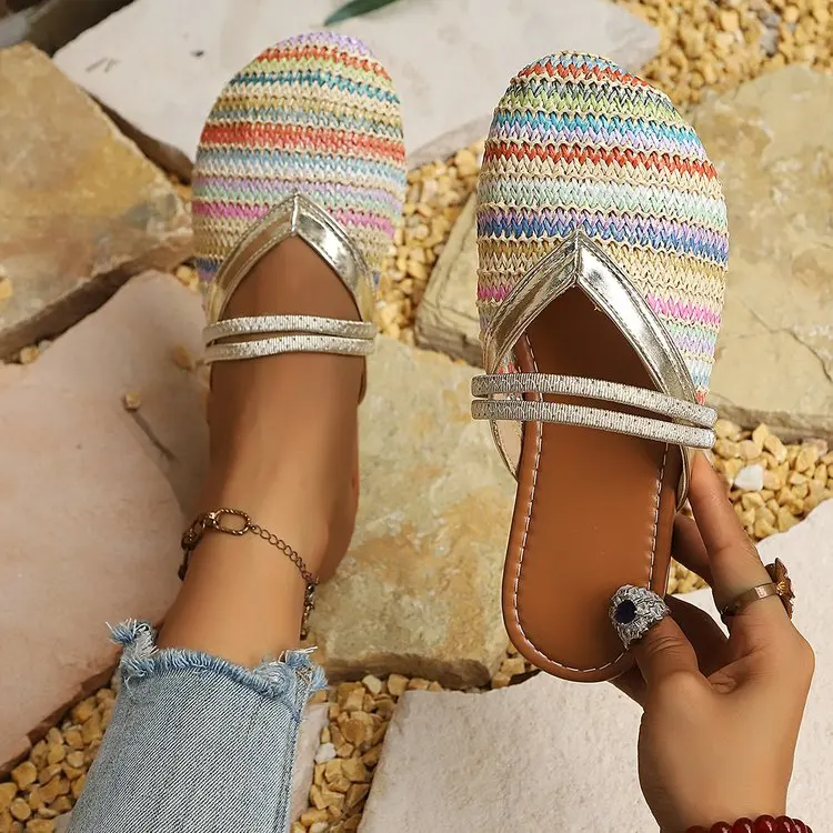 2027 Autumn New Women's Rainbow Candy Color V-Mouth Baotou Half Slippers for Women, Flat Bottom Slippers for Outer Wear