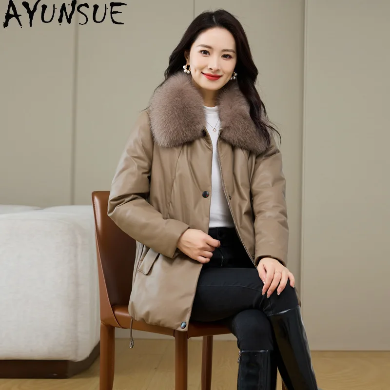 AYUNSUE Sheepskin Genuine Leather Jacket Women Warm Fox Fur Collar Womens Coats Winter Clothes Mid-length White Duck Down Coat