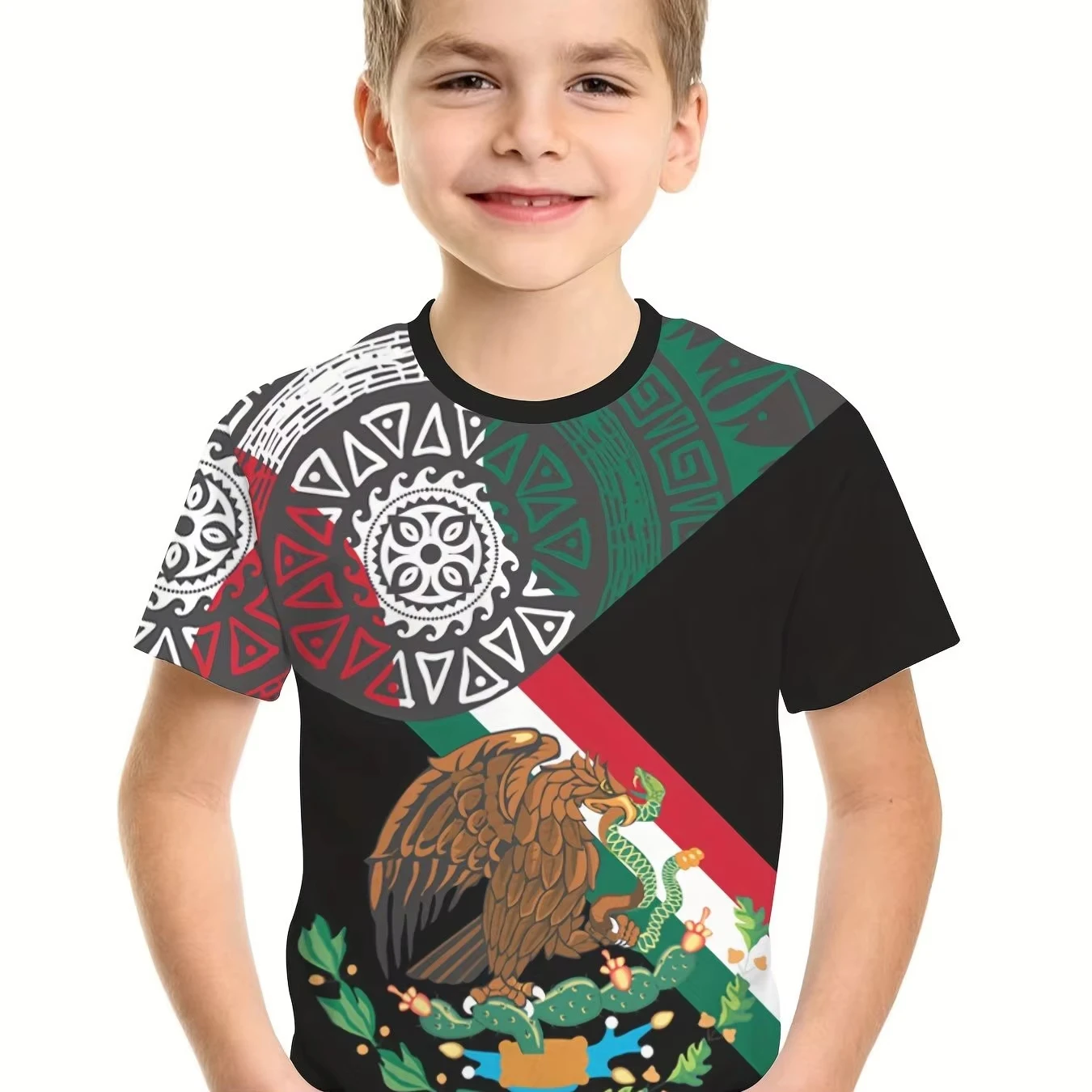 Children's clothing, boys' summer fashion, Mexican flag 3D pattern printed T-shirt, short sleeves, bright and lightweight, breat