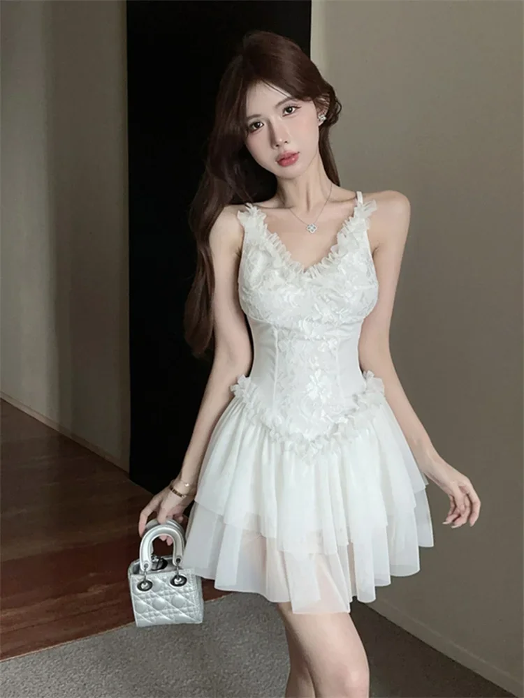 Prinses Stijl Sexy Feestjurk Lieve Meisjes Ruches Taille V-Hals A-Lijn Fee Kant Korte Witte Jurk Hemd Vestido Feminino