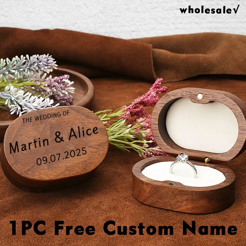 Free Personalized Marriage Wooden Ring Box for Wedding Custom Proposal Engraved Name Date for Wedding Ceremony Ring Box Gift