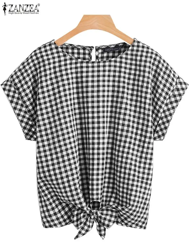 2024 ZANZEA Summer Tops Fashion Women Plaid Checked Blouse Short Sleeve Bow Tie Blusas Vintage Party Holiday Shirt Casual Tunic