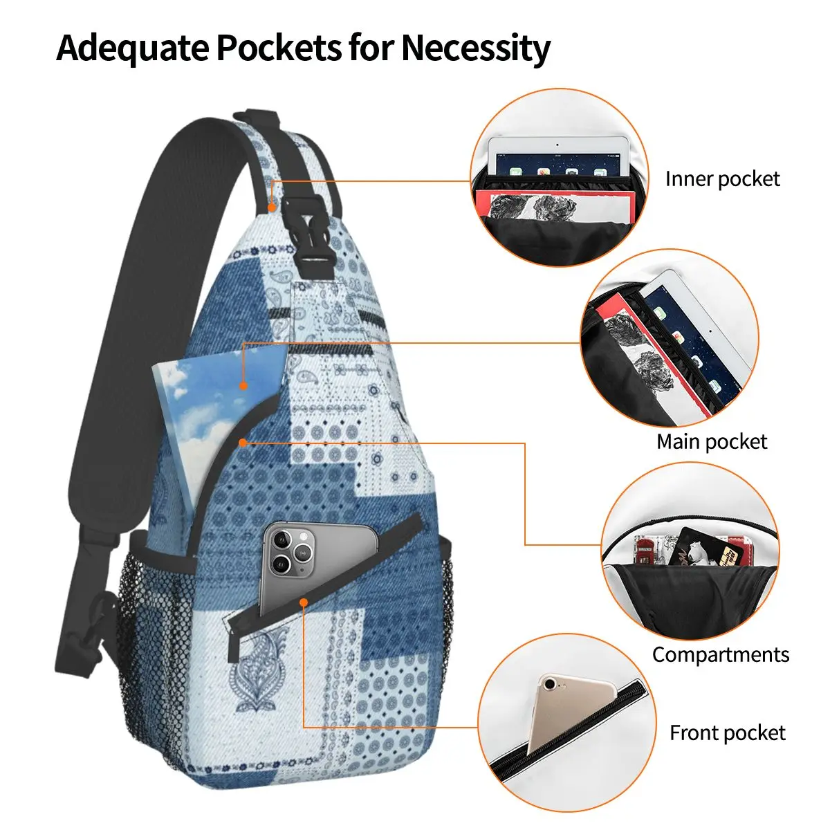 Denim Patchwork Paisley Sling Bags Chest Crossbody Shoulder Sling Backpack Outdoor Hiking Daypacks Pattern Bag