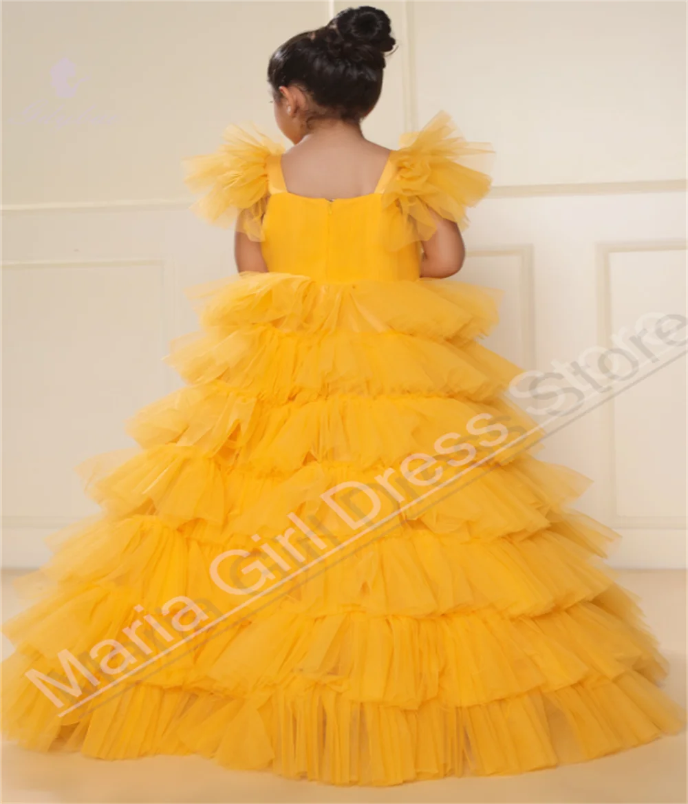 Abito da ragazza per Capodanno, soffice rete con volant, bordo in foglia di loto, elegante abito da compleanno per banchetti per feste di prima comunione per bambini