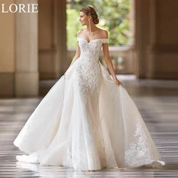 LORIE BOHO Off Shoulder Wedding Dress Lace Appliques Mermaid Detachable Train Pleated Bride Prom Gown 2024 Luxury Bridal Gowns