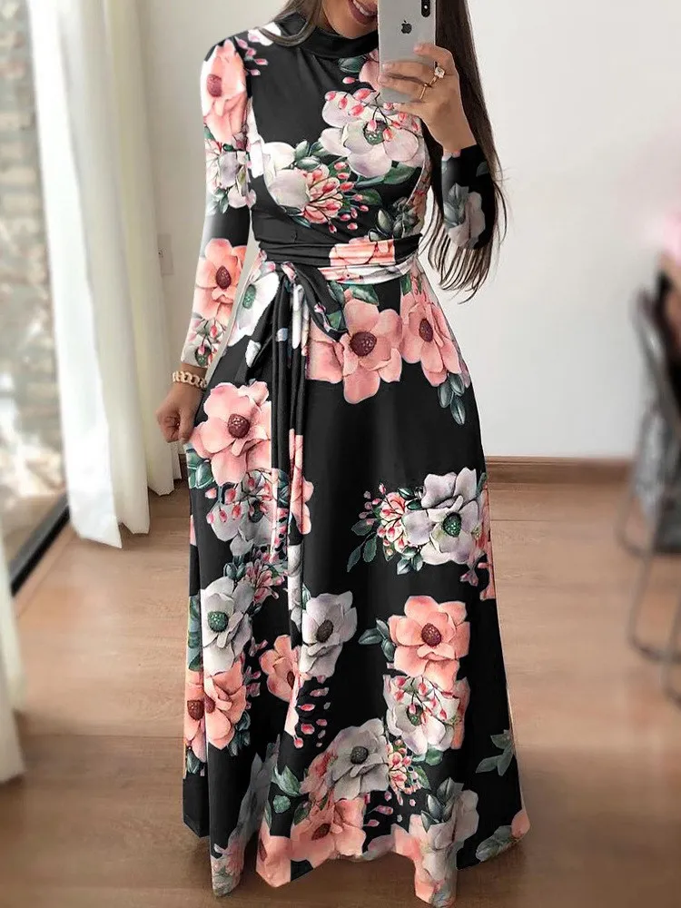 Autumn Winter Floral Print Long Sve Dr Women's High Waist Knitted Gown Vintage Sle Commute Friendly A-Line Skirt
