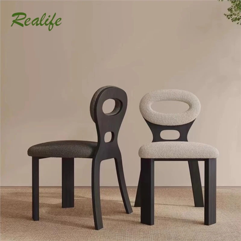 

Realife Vintage Solid Wood Dining Chair With French Minimalist Creative Artistic Feeling Lamb Velvet Hollow Chair With Backrest