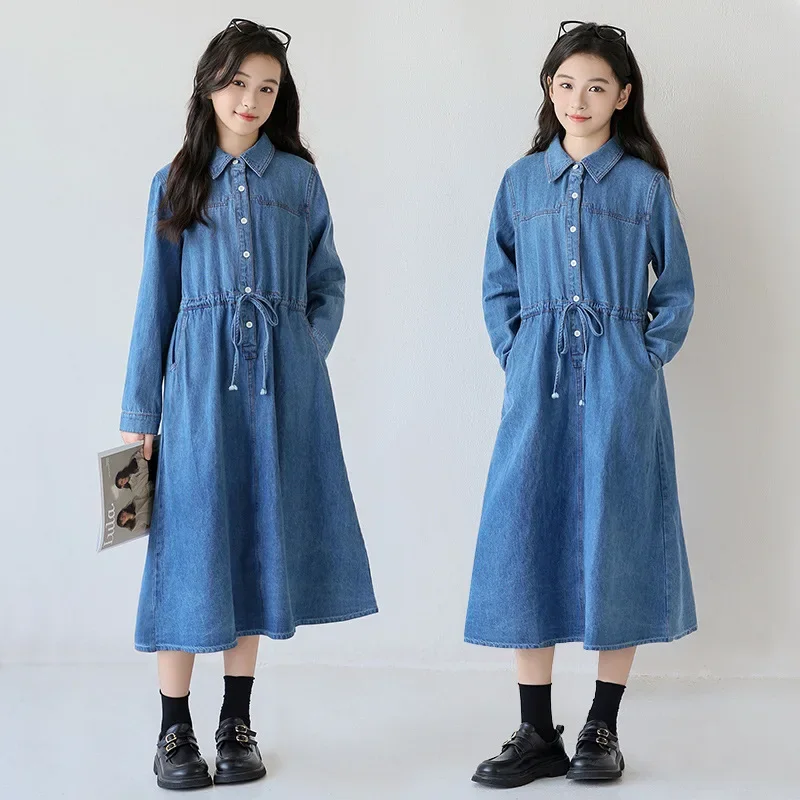 Girls Denim Shirt Dress Long Sleeve Drawstring Waist A-Line Blue Maxi Dress for School Daily Holiday Outdoor Wear Spring Autumn