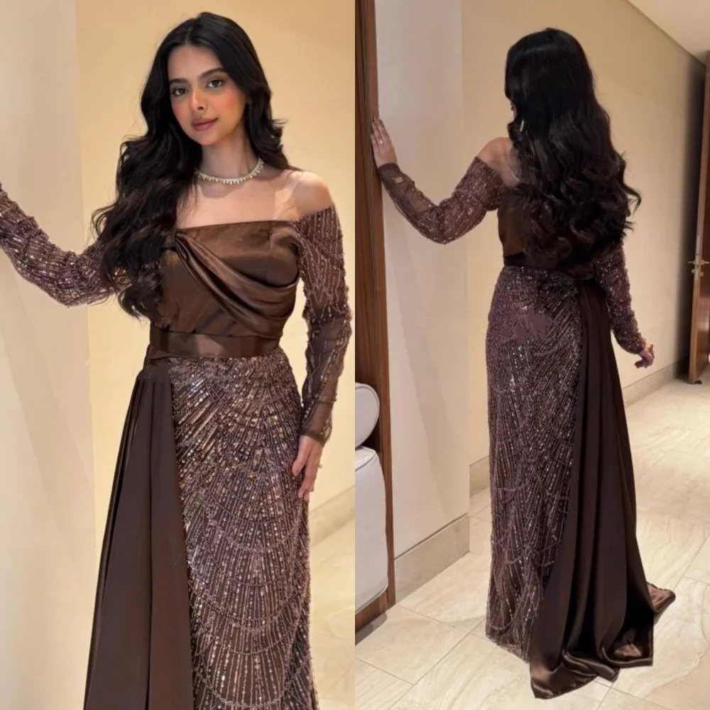 

Customized Chinese Style Charmeuse Pleat Sequined Straight Off-the-shoulder Long Dresses Bespoke Occasion Classic