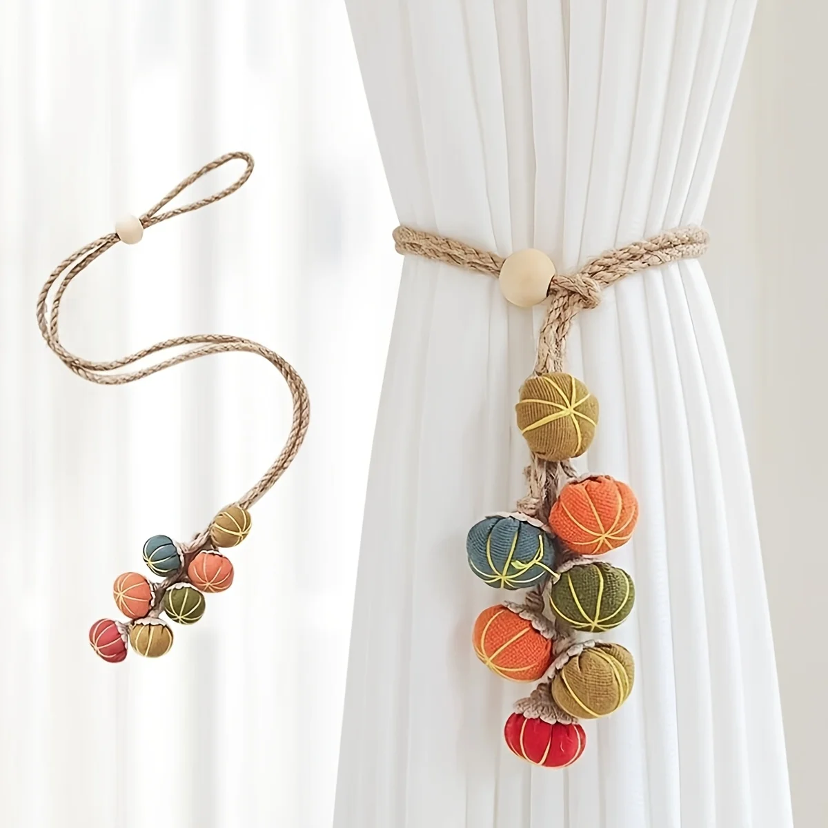 1/2PCS Hand Woven Curtain Tieback with Fabric Pumpkin Pendant Rustic Window Curtain Holder Ornament