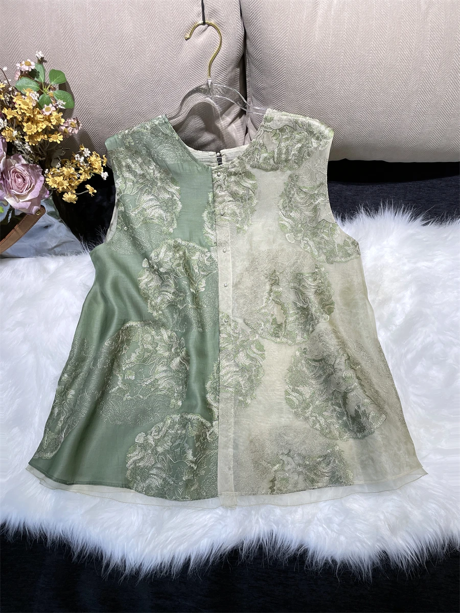 

Новый модный женский топ-жилет в китайском стиле из шелковой органзы с вышивкой, высококачественный, с цветовыми блоками