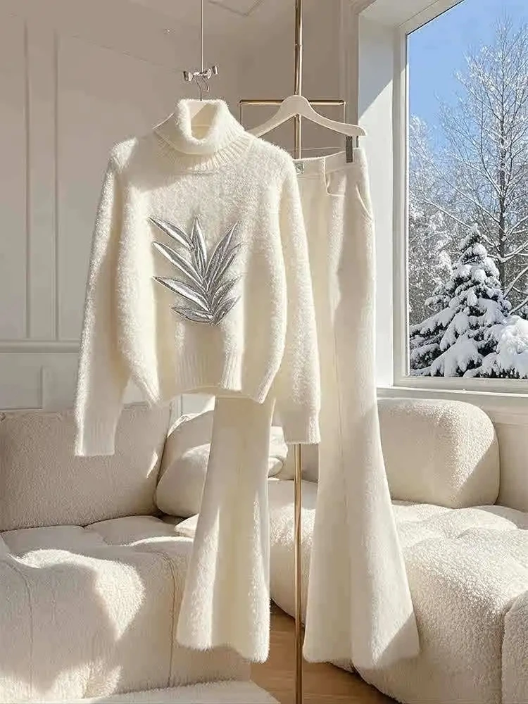 Women Fuzzy Knit 2 Piece Outfit Metallic Leaf Embroidery Sweater High Waist Flared Long Pants Soft Warm Matching Knitted Set
