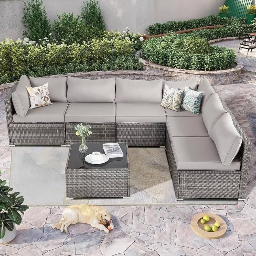 Outdoor Furniture Set of 7 Pieces,Rattan Sectional Sofa,Washable Cushions & Glass Coffee Table,Outdoor Furniture Set