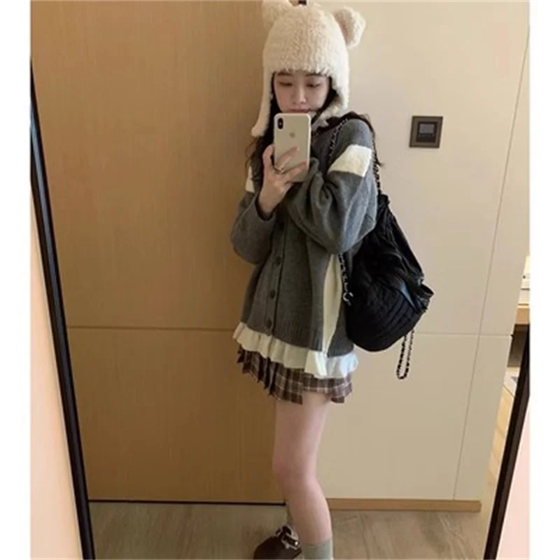 Fake Two-piece Splicing Knitted Sweater Autumn New Loose Mid Length Korean Version Versatile Fashion High-end Sweater Commuting