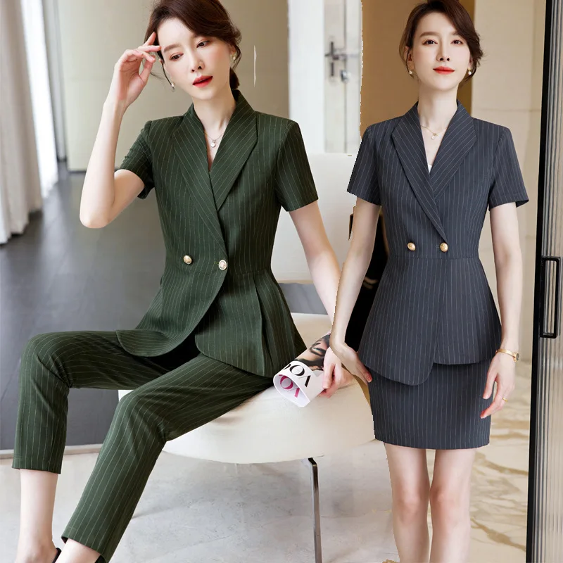 

Striped Suit Women's Short-Sleeved Summer Business Wear Elegant Work Clothes Front Desk Workwear Jewelry Shop Formal Suit