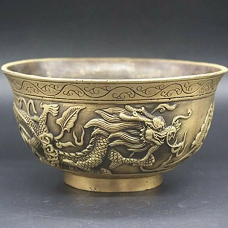 

Chinese Old Brass Hand-Carved Dragons Bowl Craft Statue