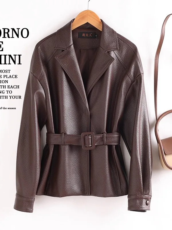 Real Leather Jaet Women ort Sle Spring Autumn New Model Waist Cinching Briti Sle eepskin Coat Trendy Commute Sle