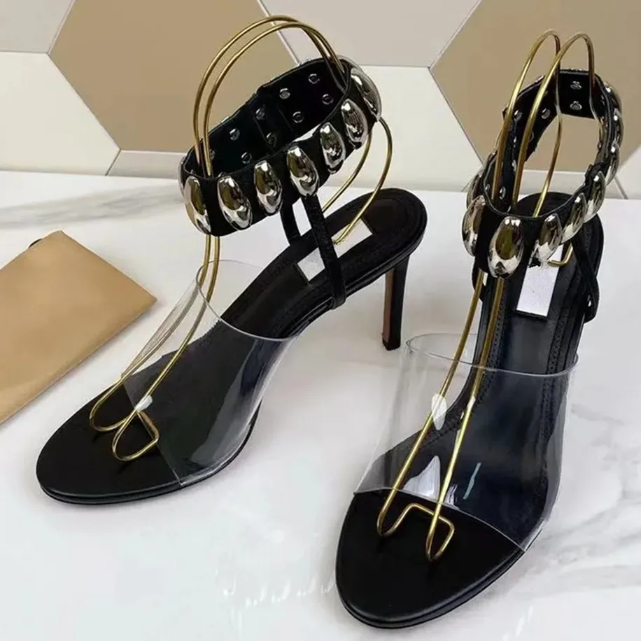 

Designer Brand Shoes Fashionable Metal Buckle Film High Heels Open toed Sandals Roman Sexy Thin Heels Women's Shoes