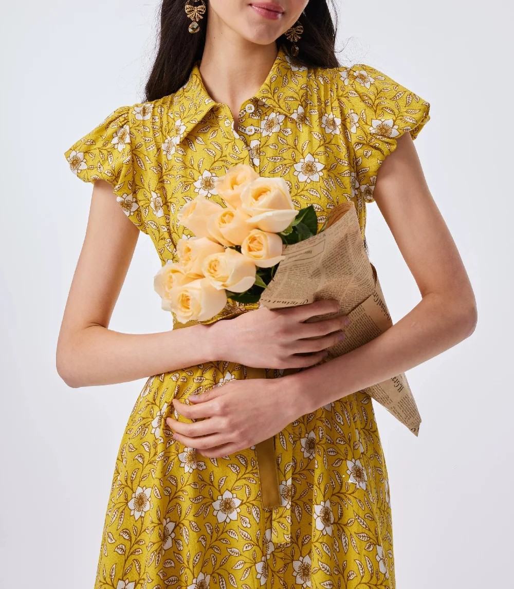 Early Autumn Sunflower Yellow Vine Rose Linen-Texture Viscose Blend Shirt Midi Dress  | Size XS-L