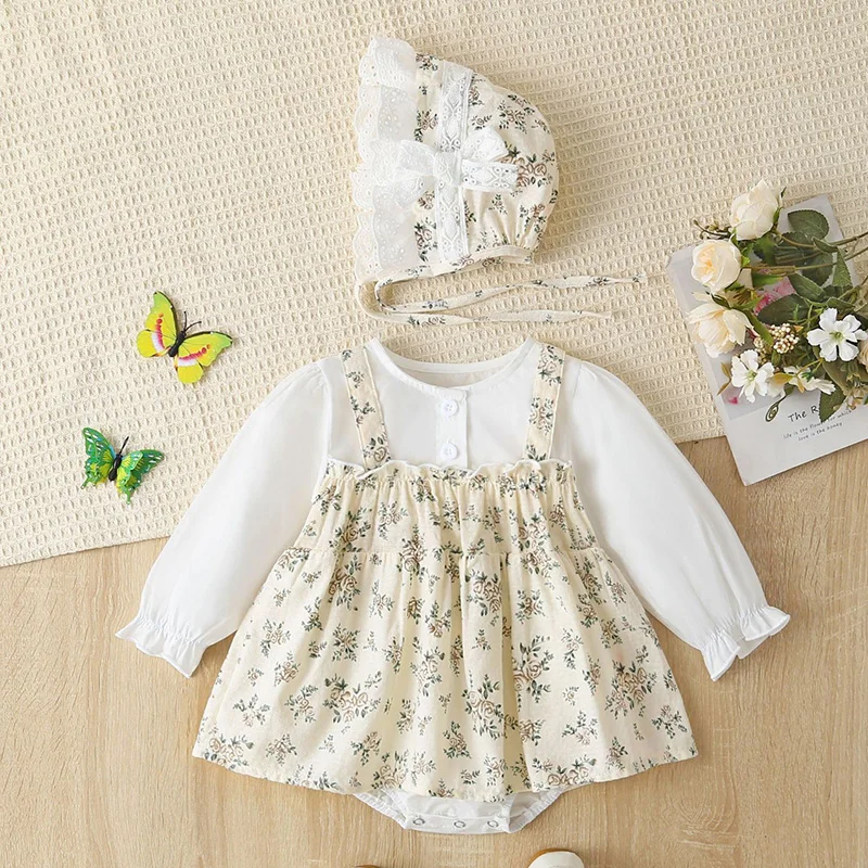 2024 New Spring Baby Clothing Korean Style Climbing Suit Long Sleeved Cotton Printed Splicing Toddler Baby Girls Romper+Hat