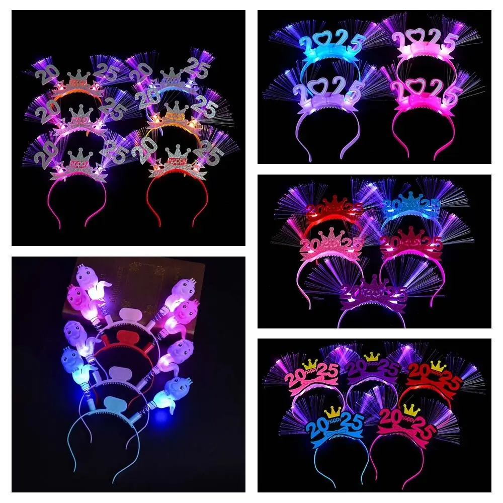 Led brilho 2025 feliz ano novo bandana forma de cobra fotográfico headwear led brilho faixas de cabelo plástico colorido ano novo cocar