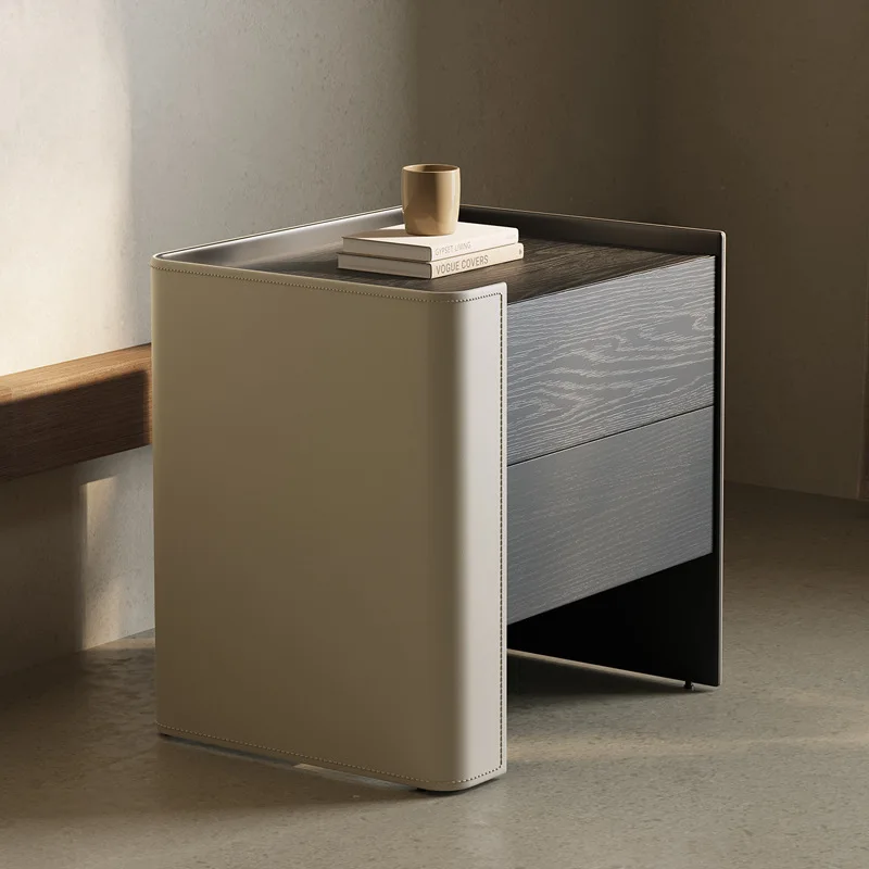 

Italian minimalist solid wood bedside table leather saddle leather