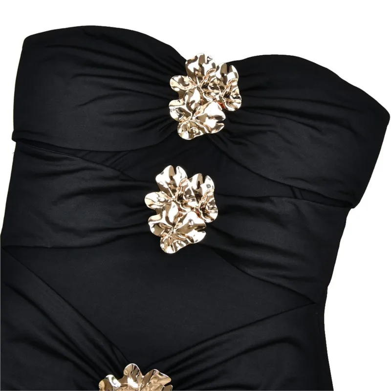 NOVEDAD DE VERANO 2021, vestido largo sexi sin tirantes con recortes, flores metálicas, ceñido al cuerpo, estilo de chica caliente para mujer, ropa informal de fiesta a la moda