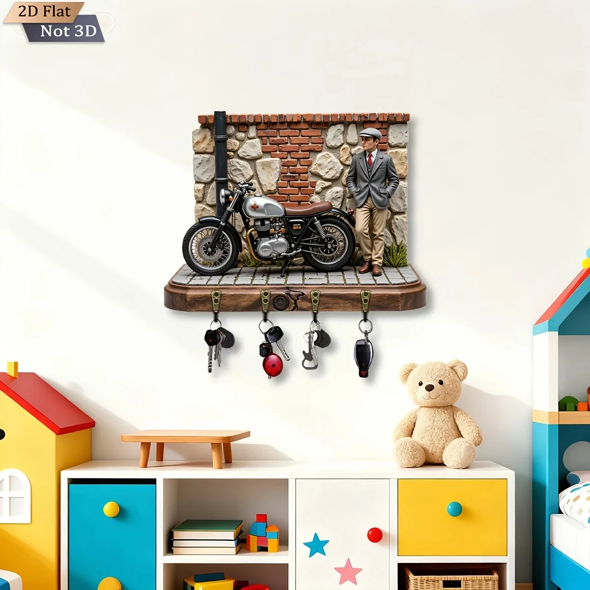 2D Flat, 1pc, Retro Motorcycle Theme Key Hook, Wooden Multifunctional Home Key Rack, with Four Metal Hooks, Wall Decoration,